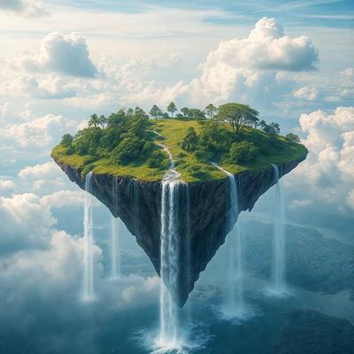 The primary subject of the image is a large, floating island with a lush green landscape. The island is surrounded by water, and it appears to be a tropical paradise. The setting is a cloudy sky, which adds to the overall atmosphere of the scene. The visual style of the image is a combination of photo and digital art, creating a unique and captivating representation of the floating island. The colors and mood of the image are predominantly green and serene, evoking a sense of tranquility and wonder.